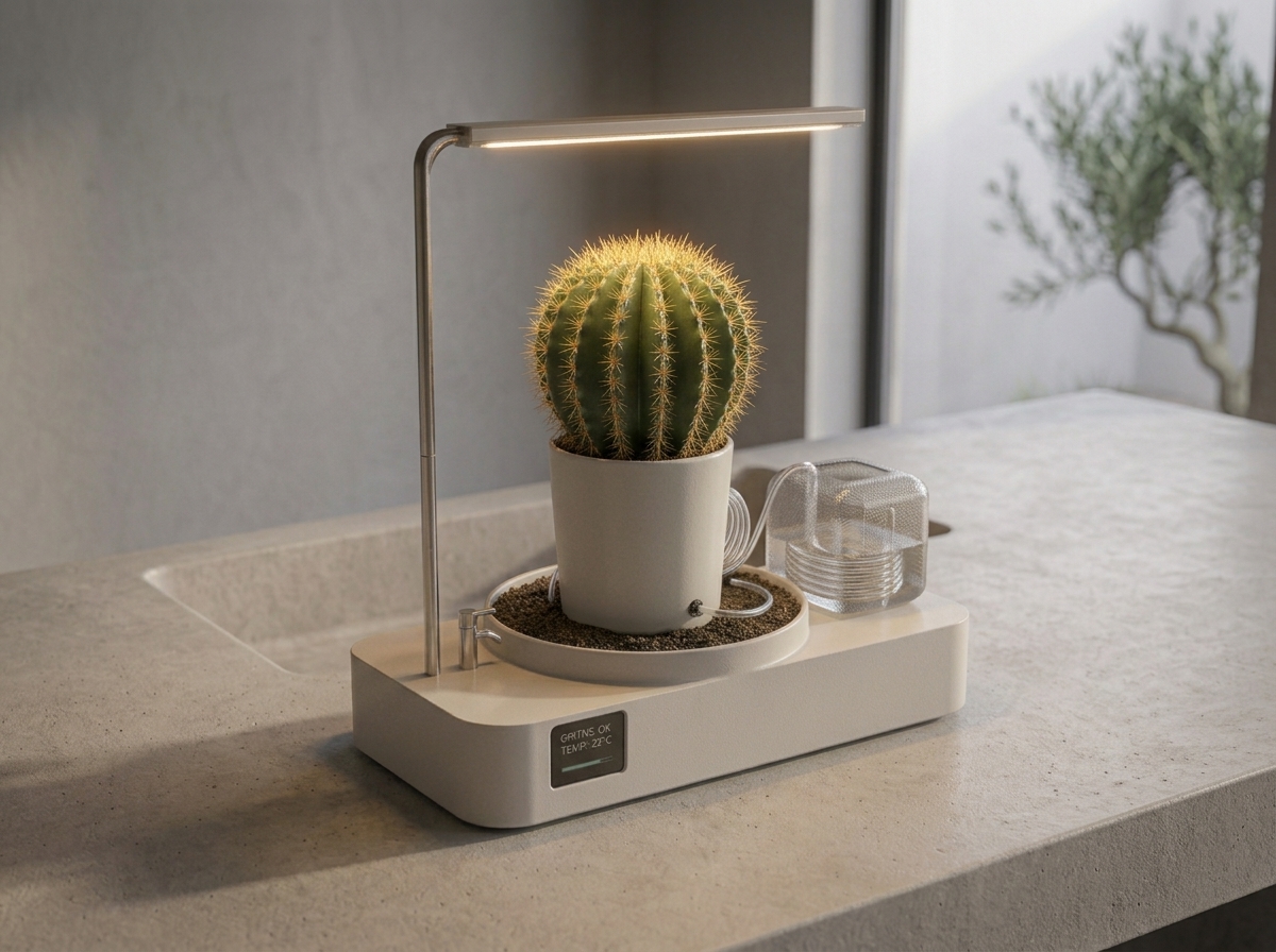 Cactus en un terrario inteligente Terramático, ideal para oficinas
