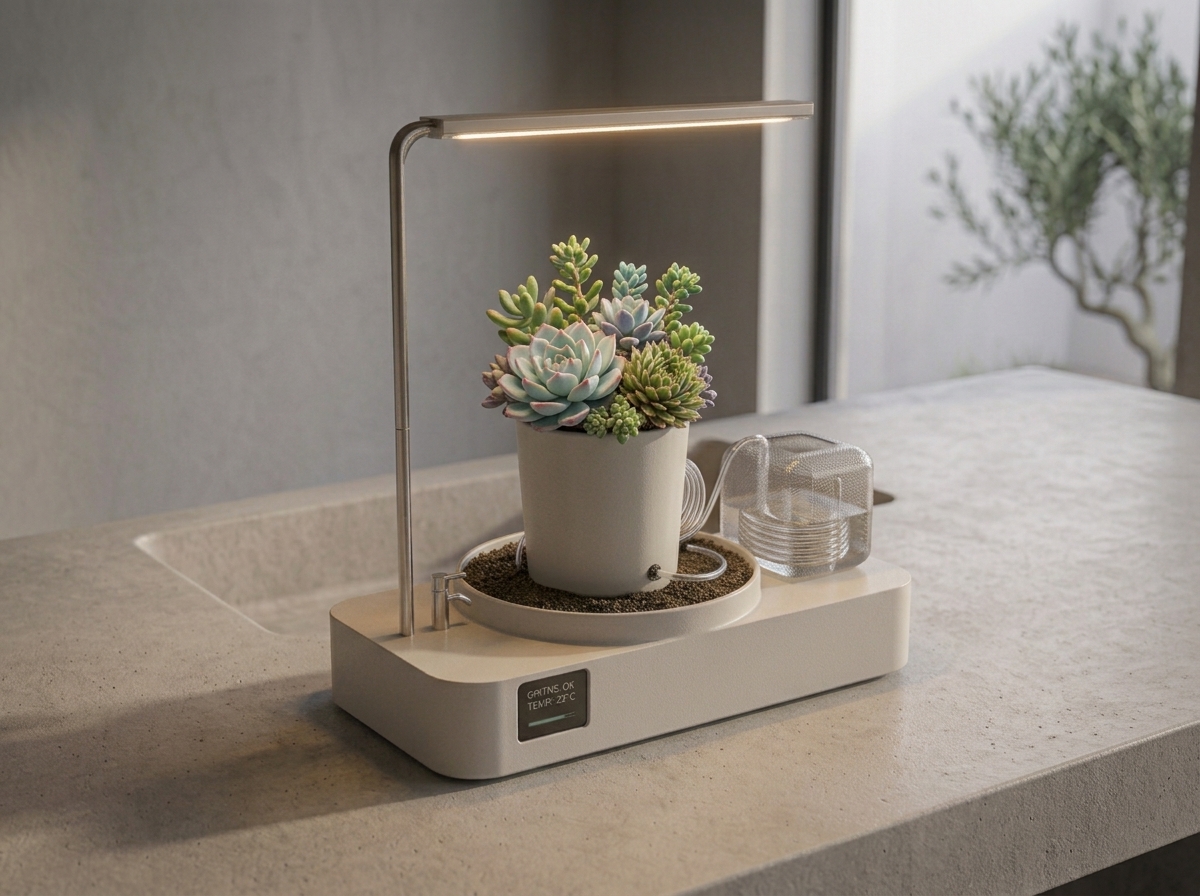 Suculentas dentro de un terrario inteligente Terramático con riego automatizado